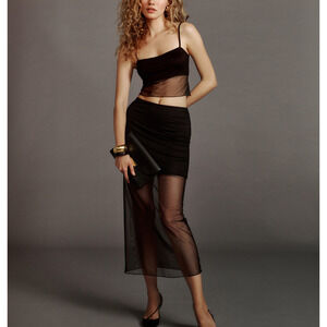 Reformation Black Sheer Mesh Top and Skirt Set